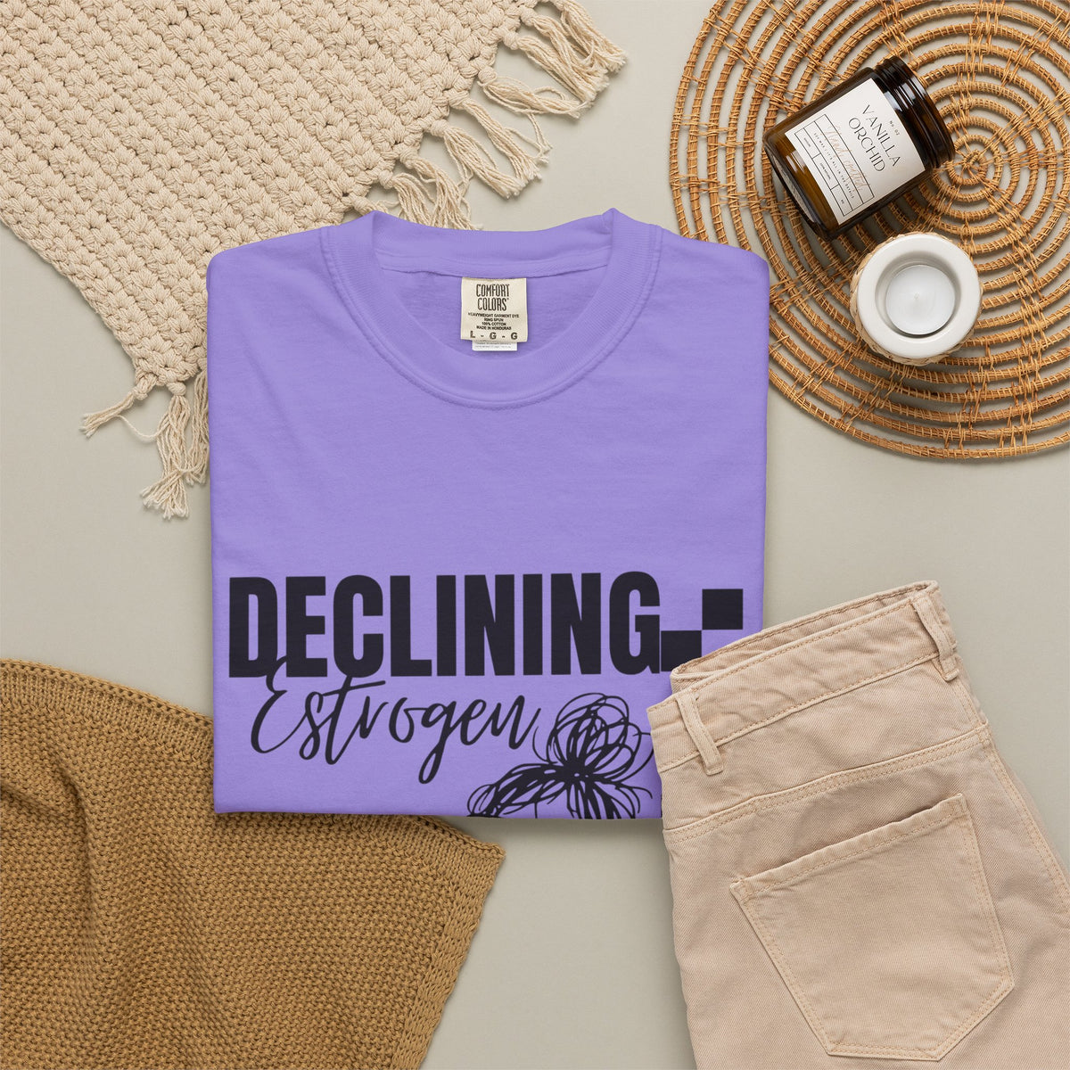 Declining Estrogen Tee — Funny Feminine Graphic T‑Shirt (Overstimulated AF)