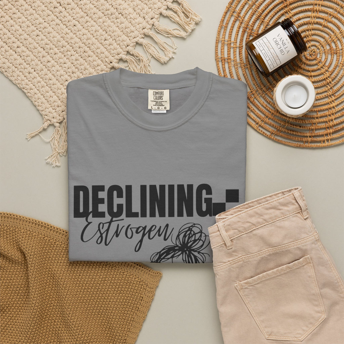 Declining Estrogen Tee — Funny Feminine Graphic T‑Shirt (Overstimulated AF)