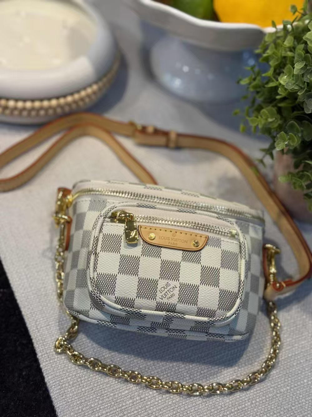 L V white checkered Bag