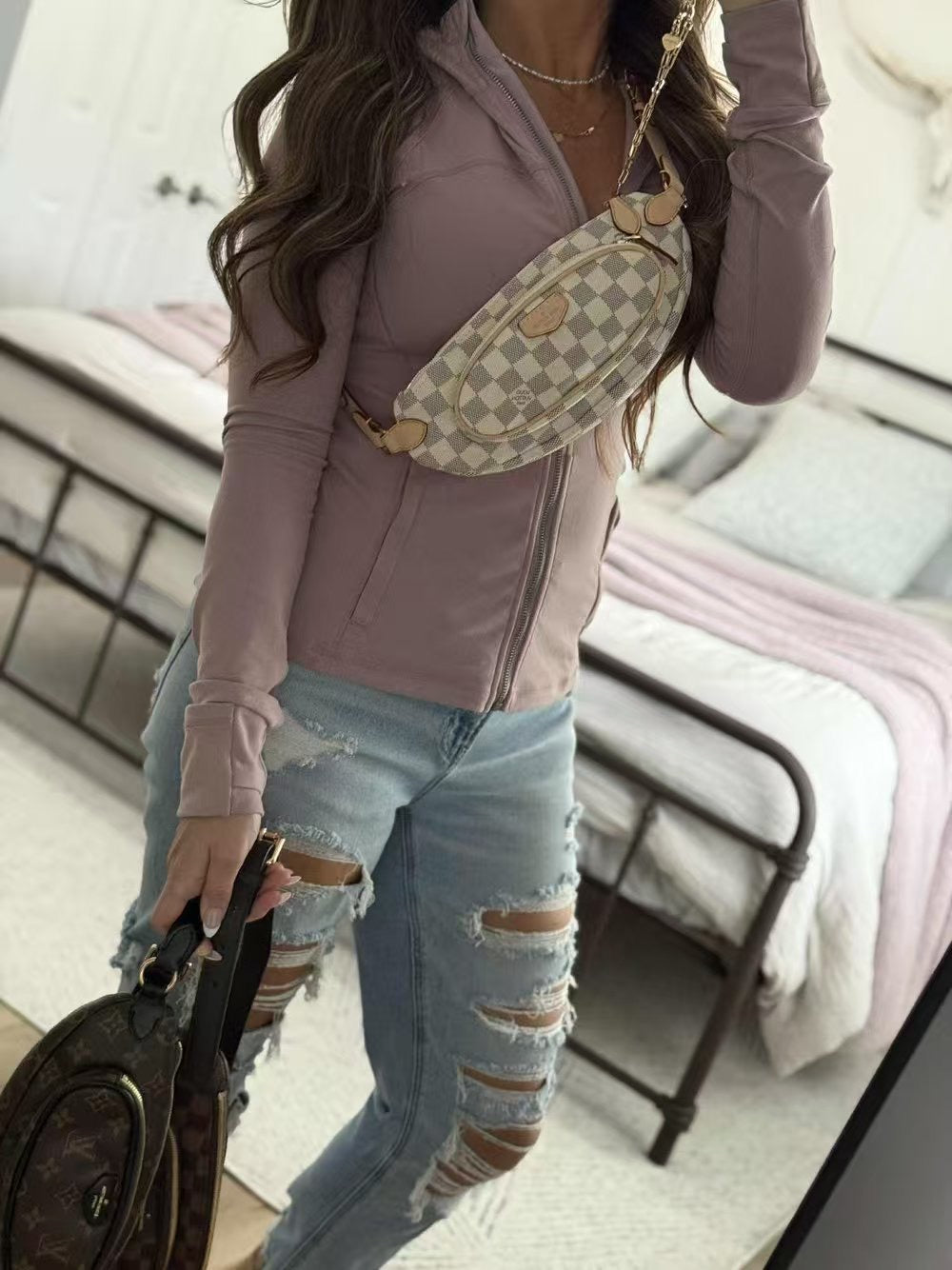 L V white checkered cross body